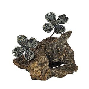Handcrafted Metal Flower Sculpture On Driftwood Folk Art